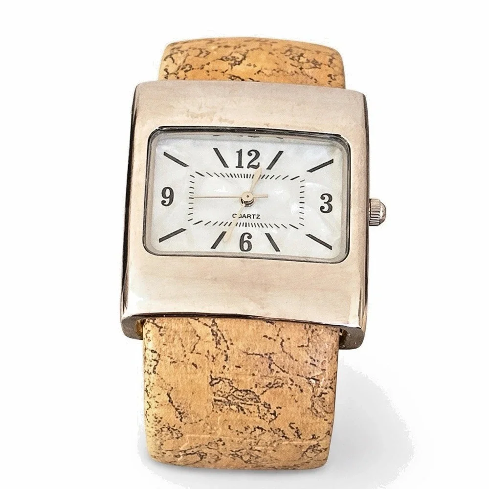 Rectangular Mother-of-Pearl Dial Quartz Cuff Watch Cork Bracelet Japan Movt